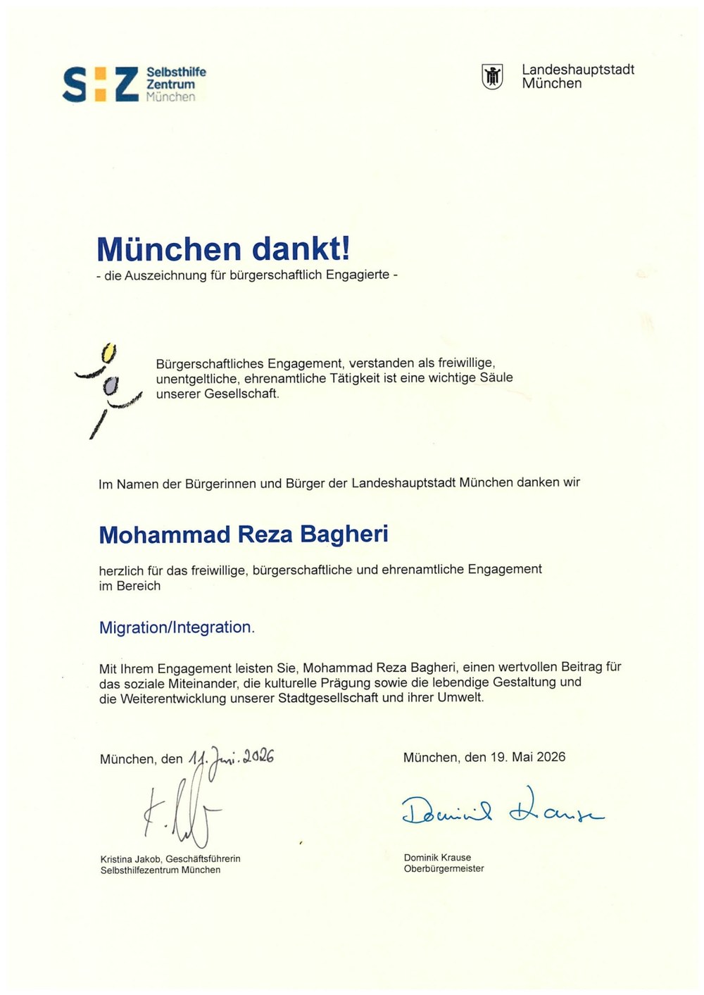 Urkunde der Auszeichnung „München dankt!“ für Mohammad Reza Bagheri, verliehen von der Landeshauptstadt München und dem Selbsthilfezentrum München